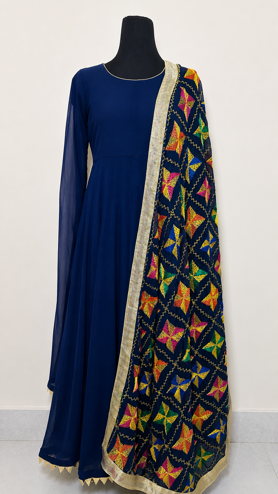 Blue chiffon frock with churidar pajama