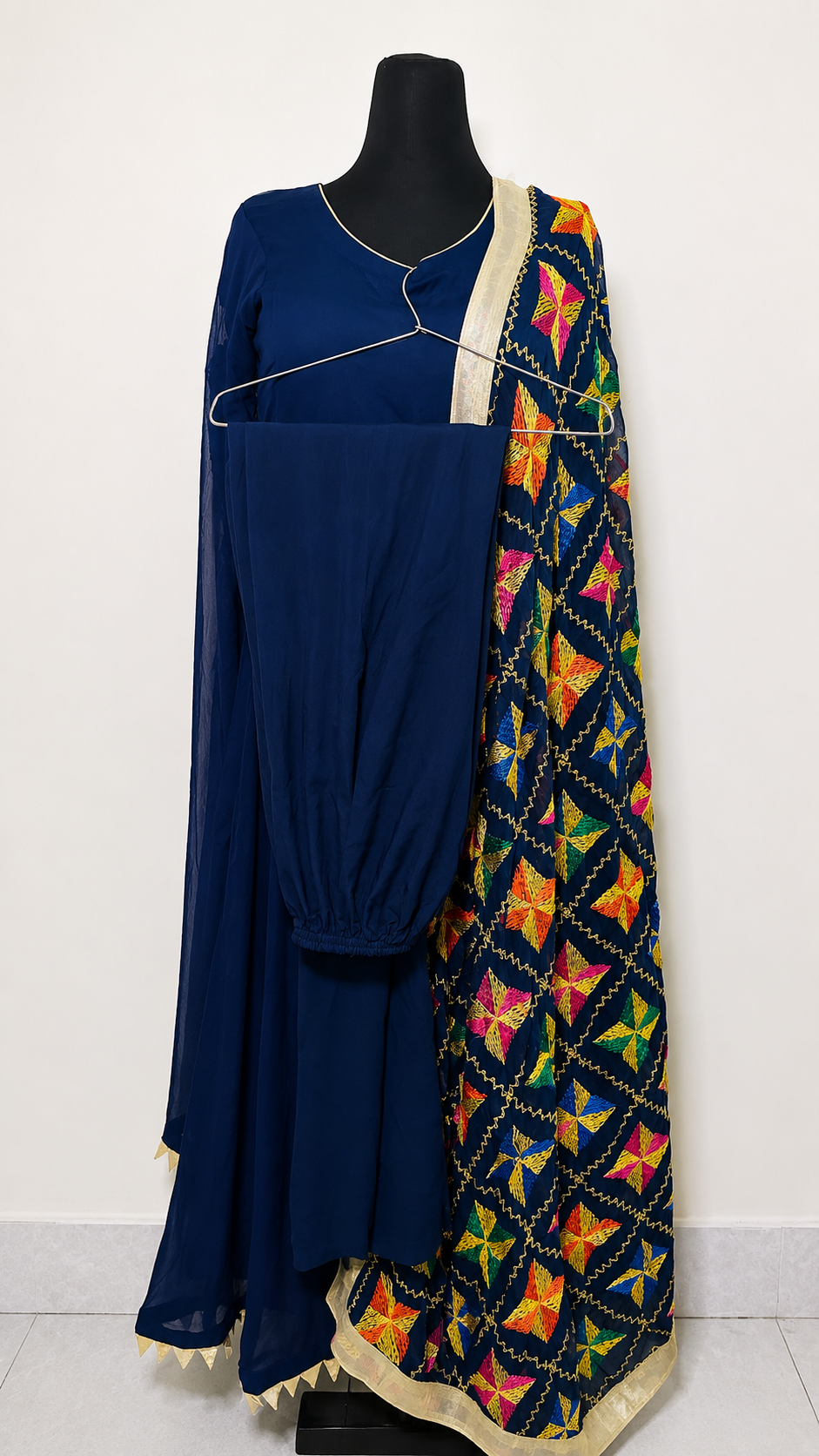 Blue chiffon frock with churidar pajama - Image 3